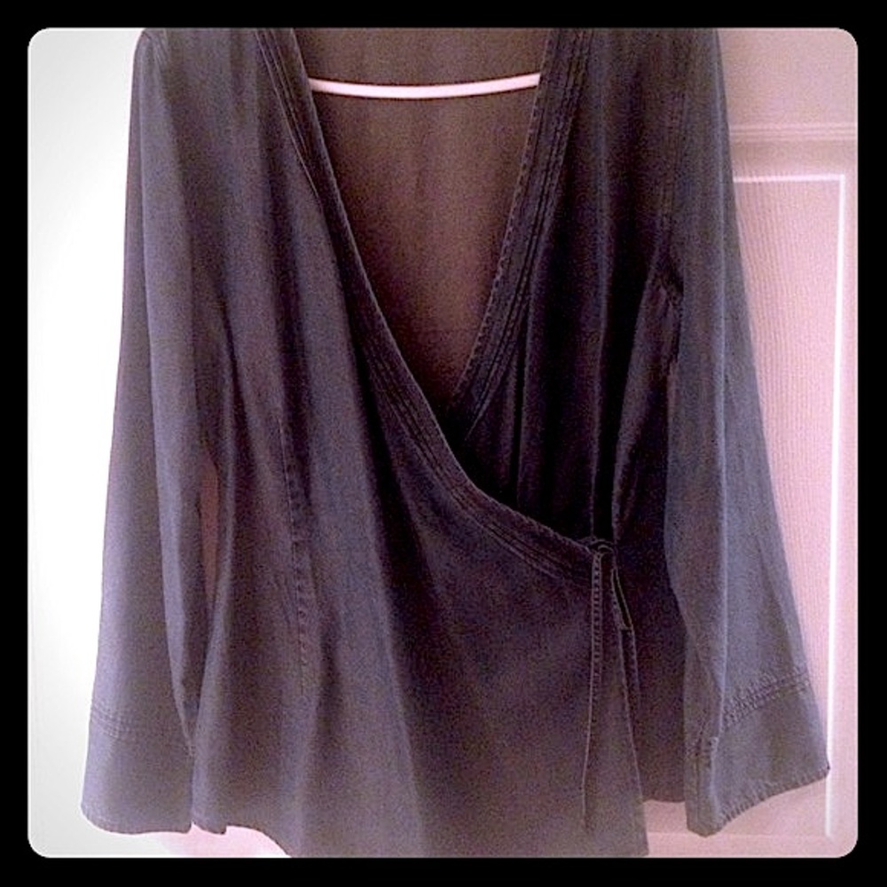 denim colored wrap around blouse w/a purple  sheen
